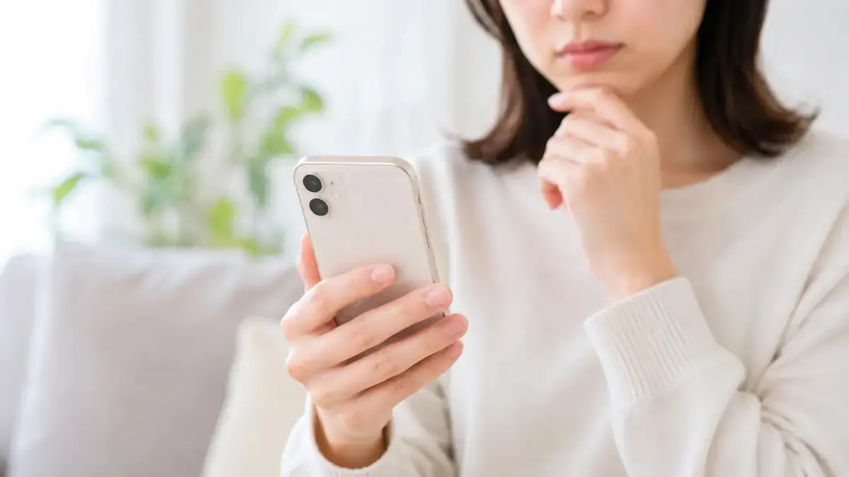 マッチングアプリの画面を見ながら相手を探す女性
