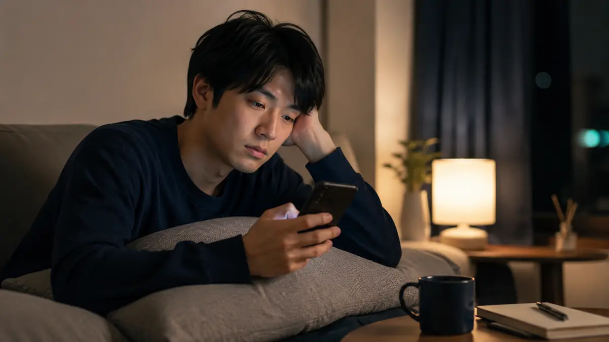 夜にスマートフォンを見ながら婚活の進め方を考える男性