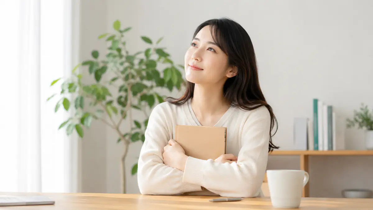 陽の入る部屋で本を抱え、穏やかな表情で過ごす女性