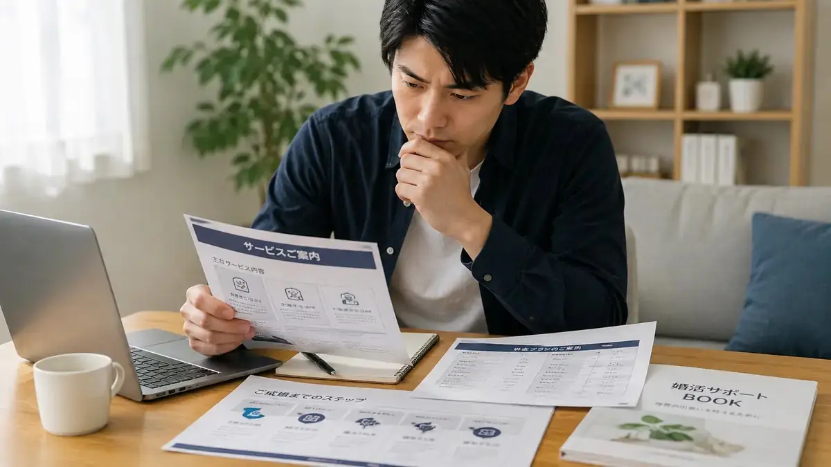 結婚相談所の料金や条件を資料で確認する男性
