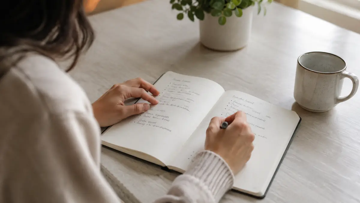 ノートに結婚希望時期や予算などの判断基準を書き出す様子