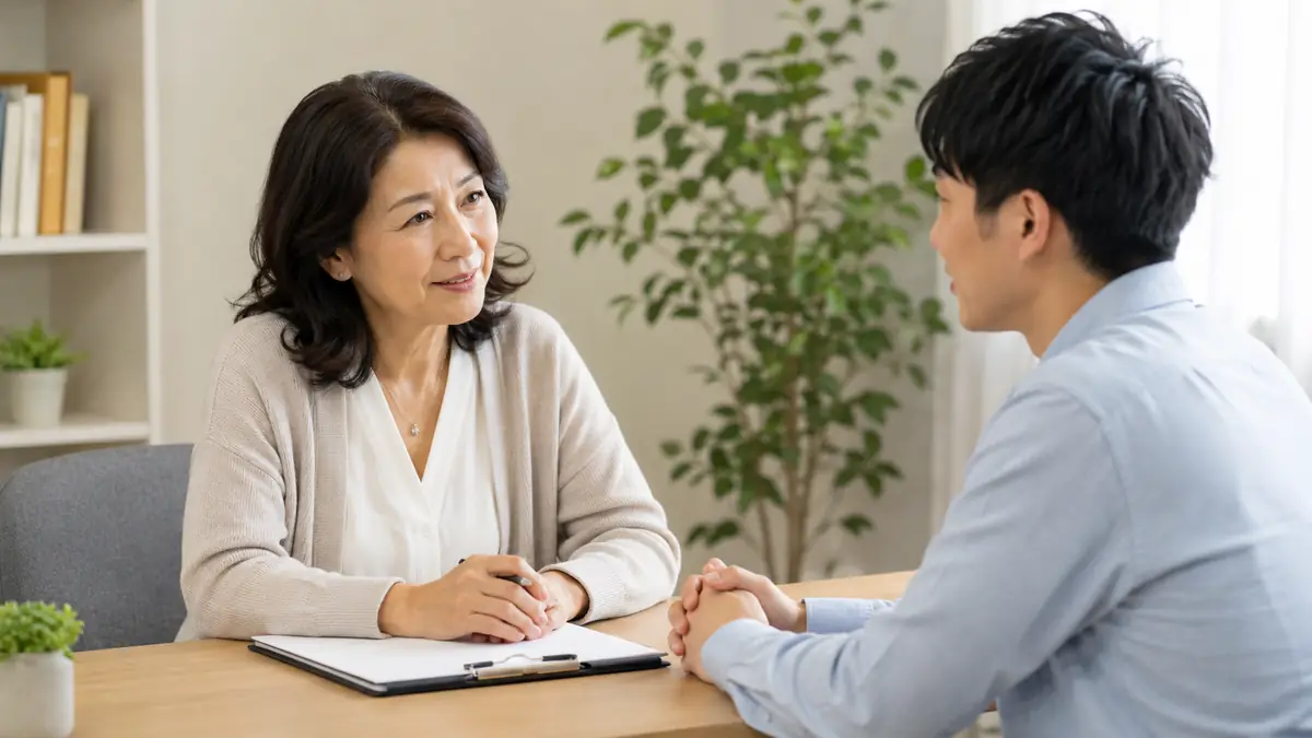 温かな雰囲気のオフィスで婚活相談を受ける人