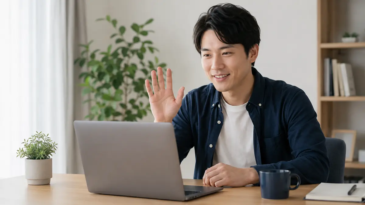 ビデオ通話で結婚相談所のアドバイザーに挨拶する男性